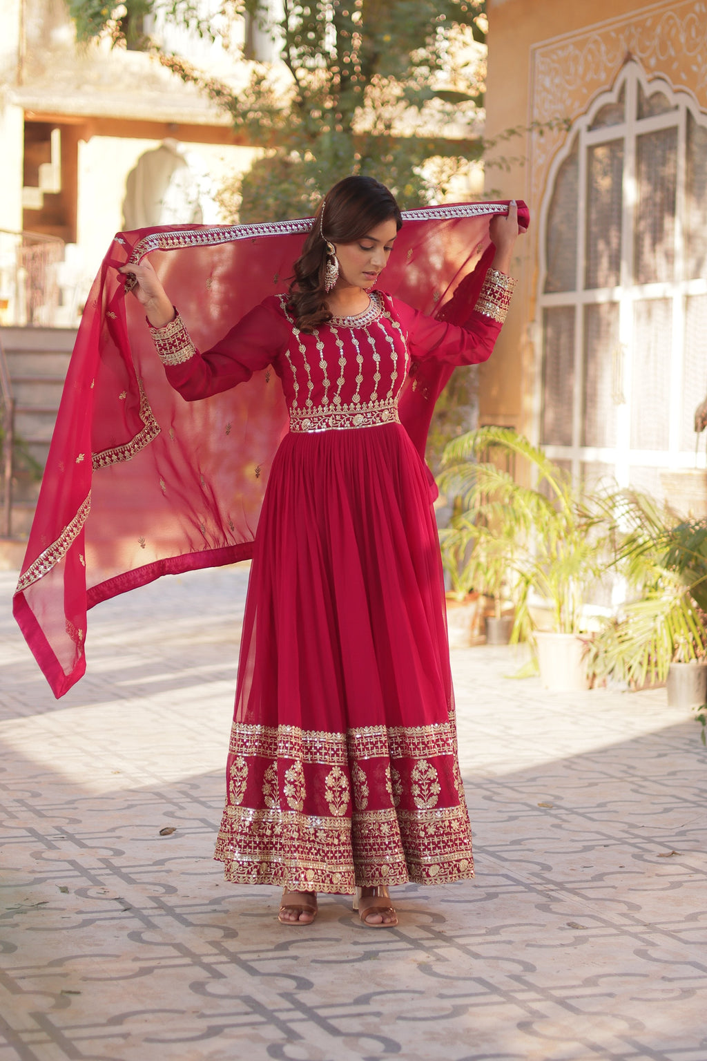 Jyoti Fashion Women's Pink Faux Blooming Sequins Zari Embroidered Anarkali Set with Dupatta | Grocsy