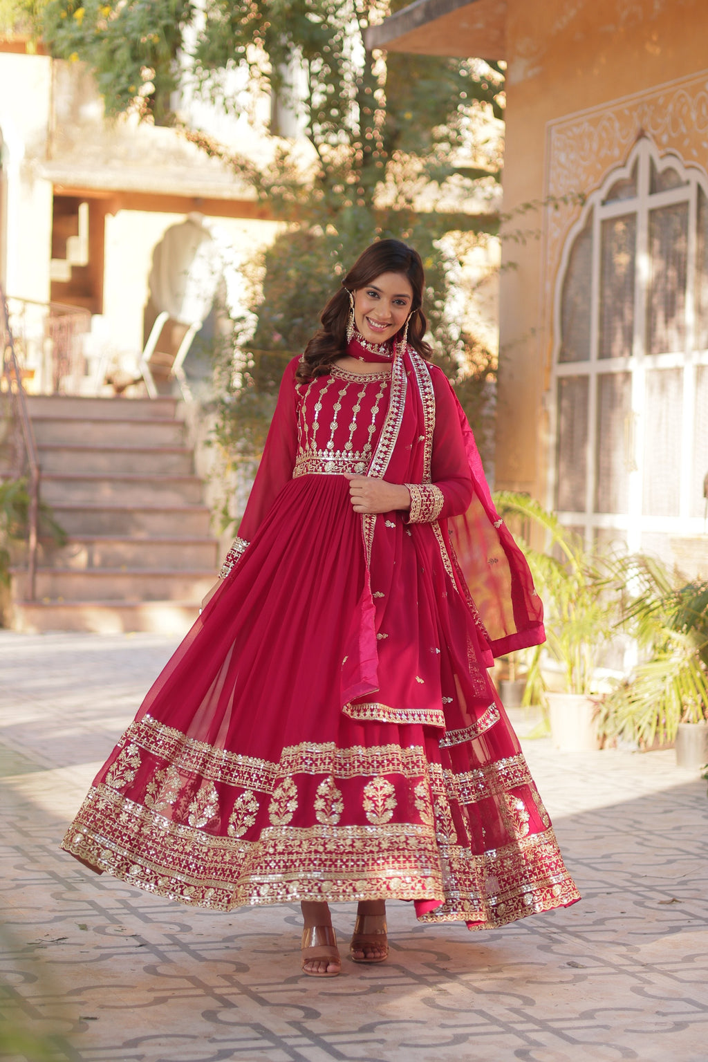 Jyoti Fashion Women's Pink Faux Blooming Sequins Zari Embroidered Anarkali Set with Dupatta | Grocsy