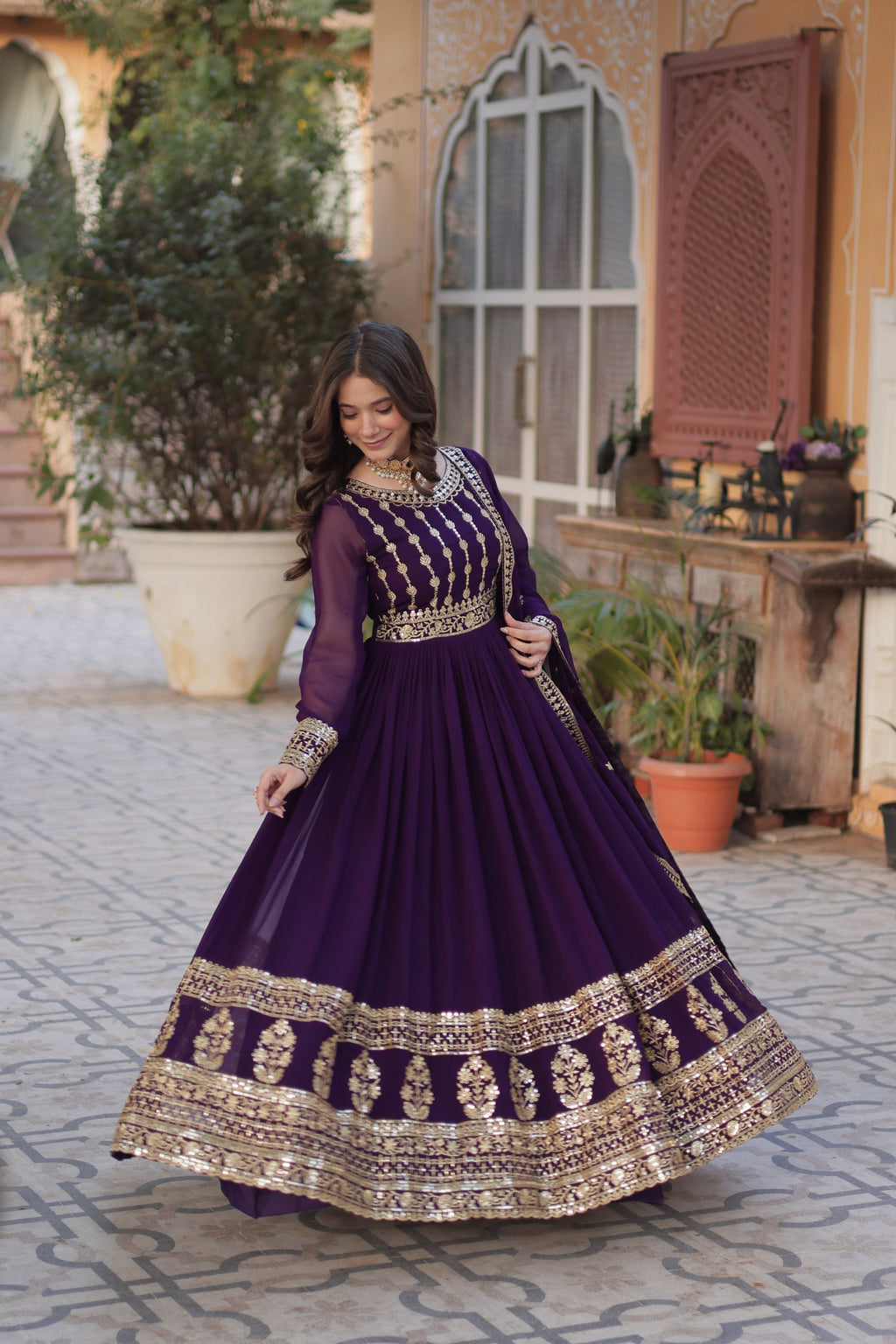 Jyoti Fashion Women's Purple Faux Blooming Sequins Zari Embroidered Anarkali Set with Dupatta | Grocsy