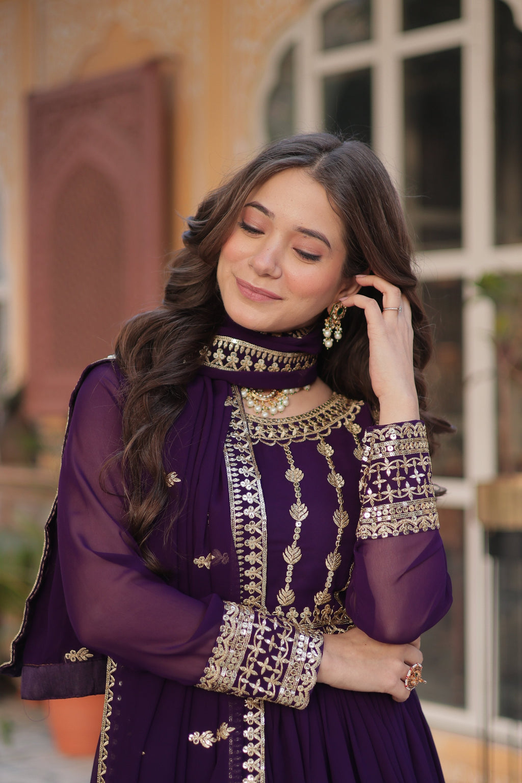 Jyoti Fashion Women's Purple Faux Blooming Sequins Zari Embroidered Anarkali Set with Dupatta | Grocsy