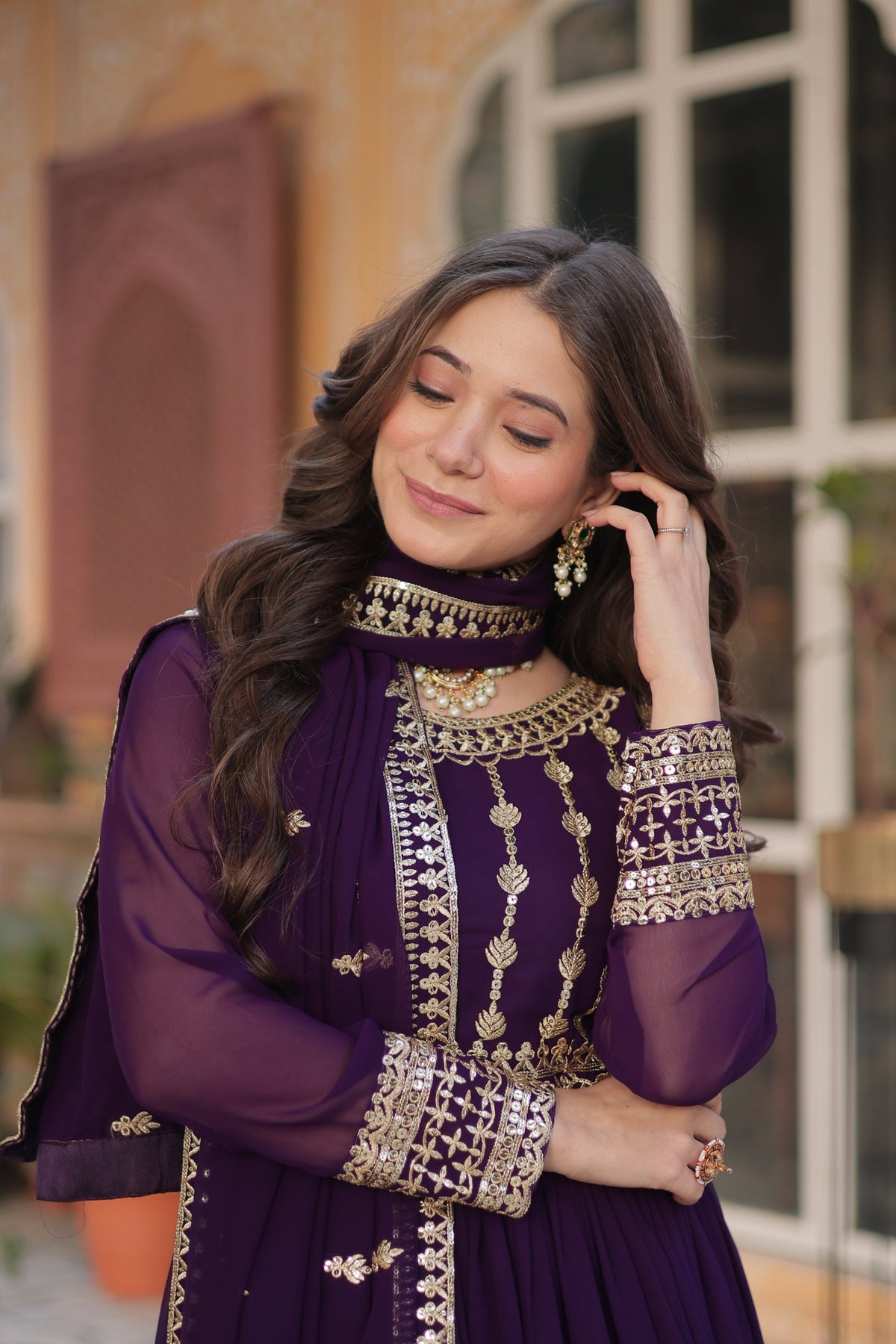 Jyoti Fashion Women's Purple Faux Blooming Sequins Zari Embroidered Anarkali Set with Dupatta | Grocsy