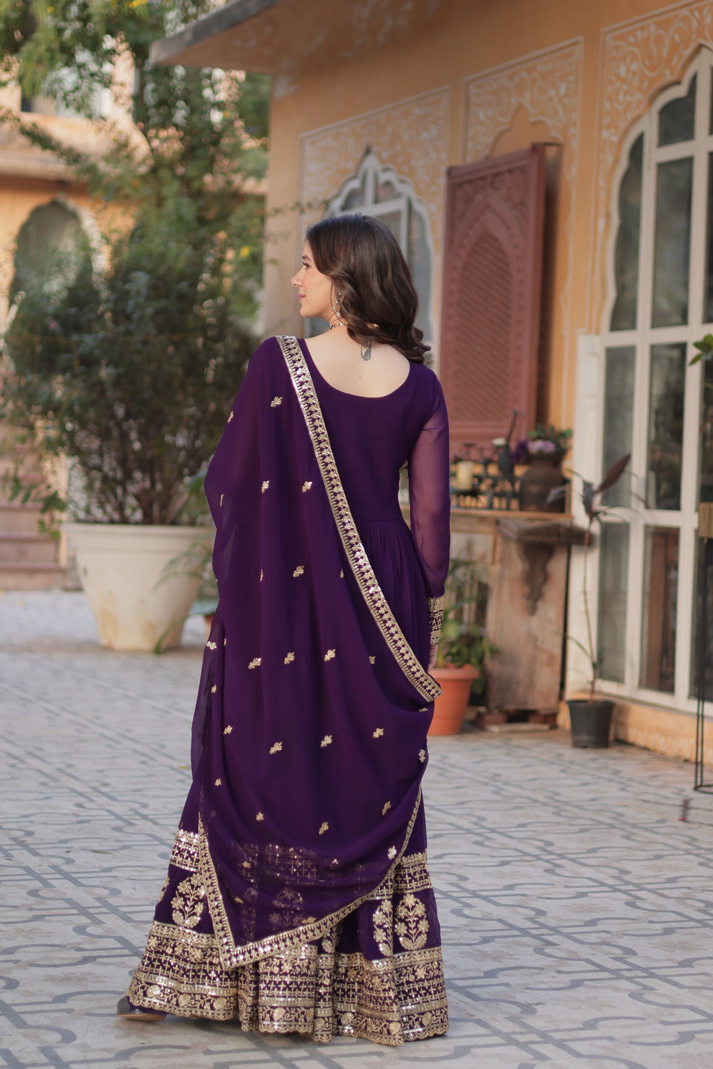Jyoti Fashion Women's Purple Faux Blooming Sequins Zari Embroidered Anarkali Set with Dupatta | Grocsy