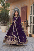Jyoti Fashion Women's Purple Faux Blooming Sequins Zari Embroidered Anarkali Set with Dupatta | Grocsy