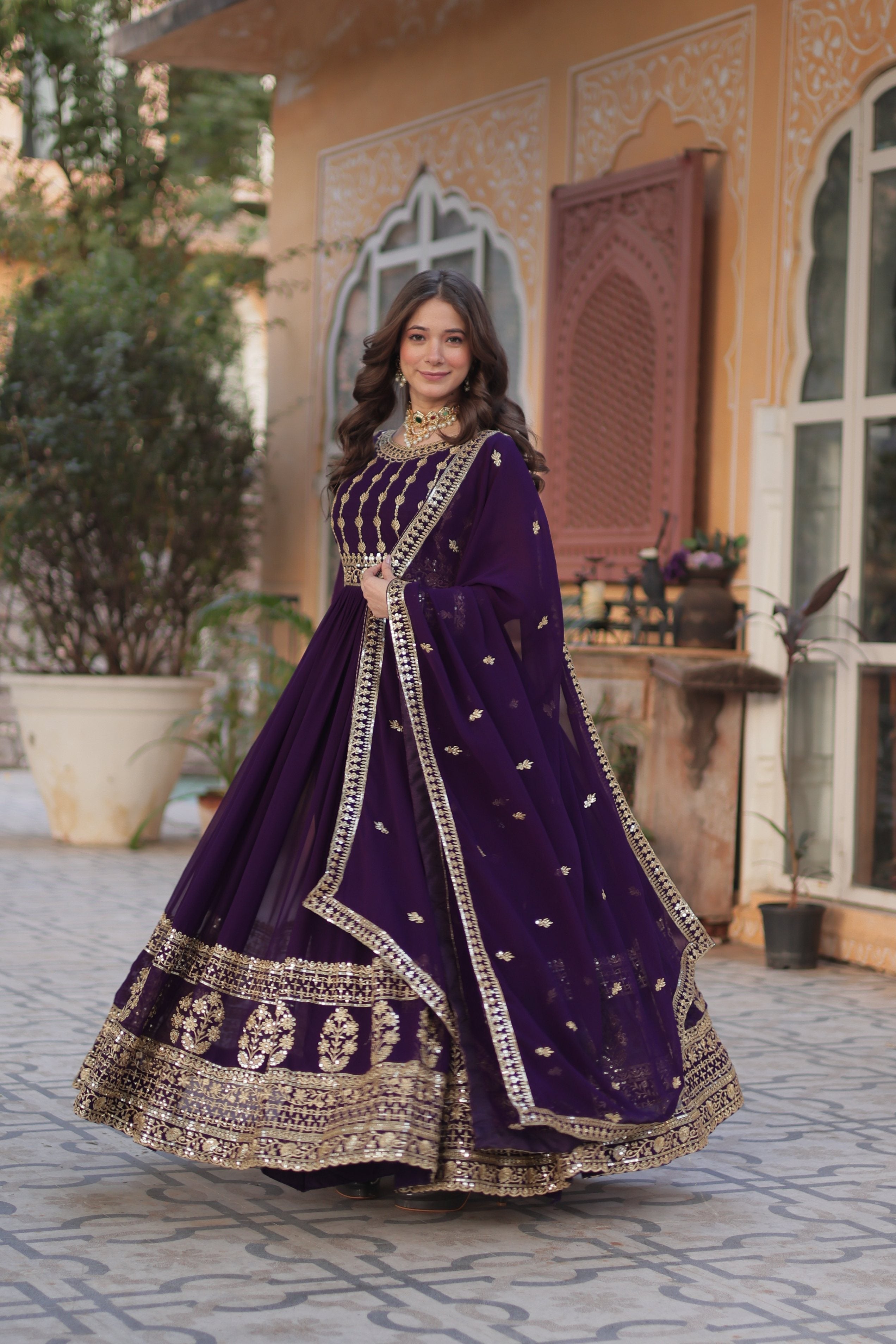 Jyoti Fashion Women's Purple Faux Blooming Sequins Zari Embroidered Anarkali Set with Dupatta | Grocsy