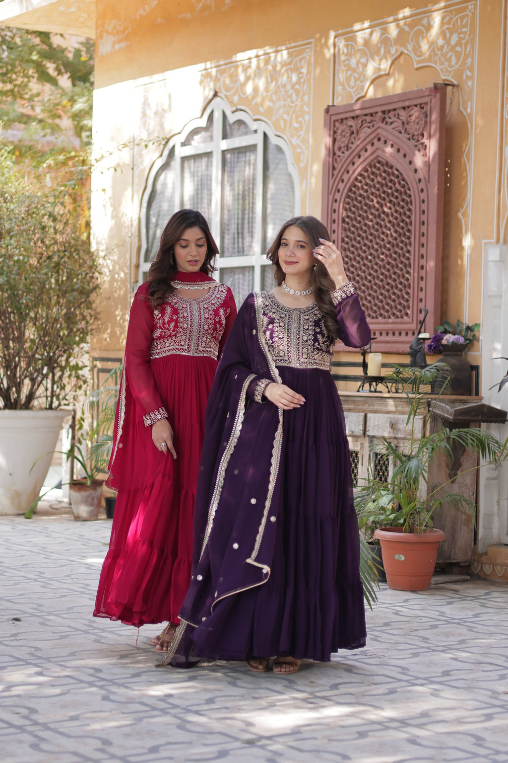 Jyoti Fashion Women's Pink & Wine Faux Georgette Embroidered Pearl Work Combo Anarkali Set with Dupatta | Grocsy