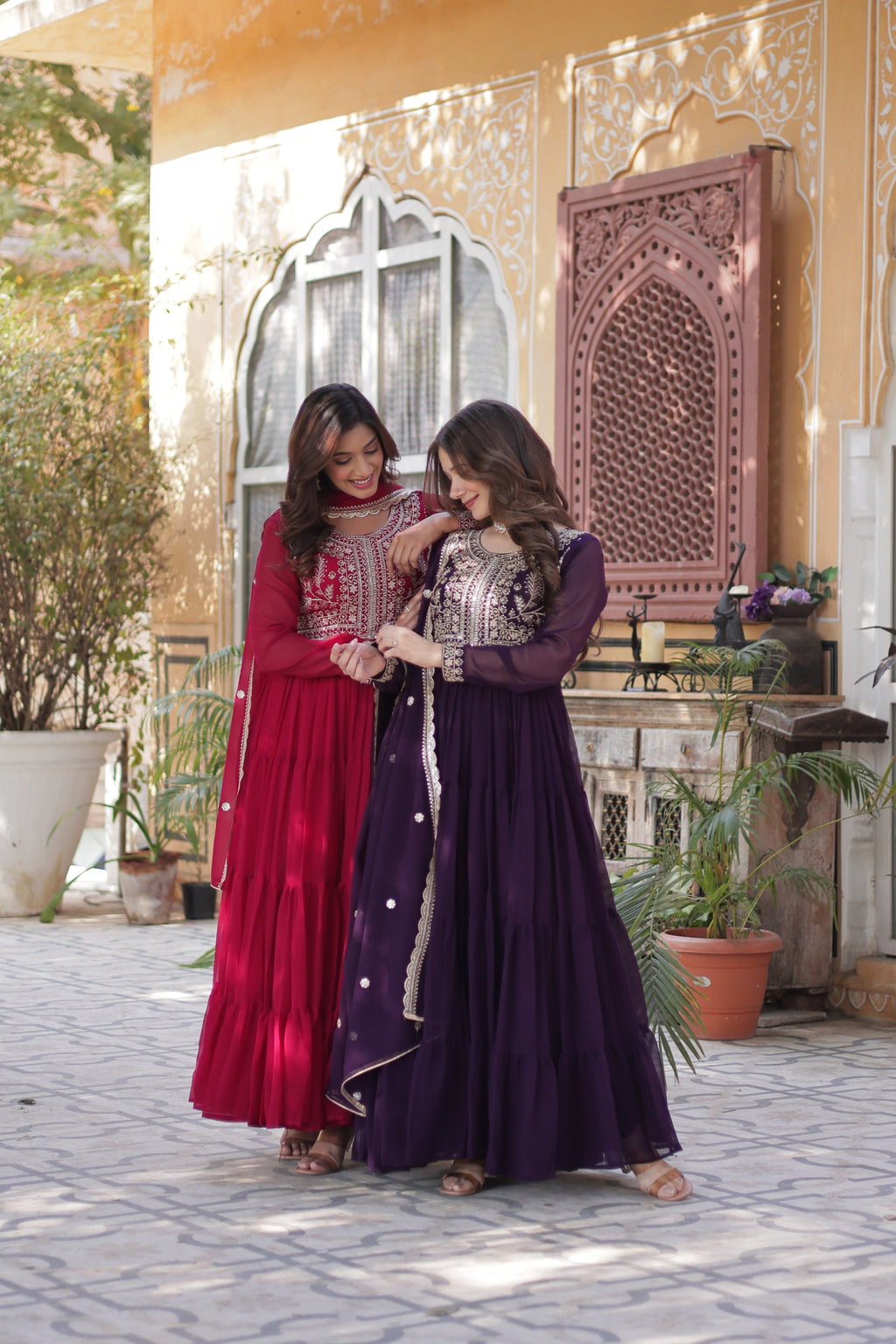 Jyoti Fashion Women's Pink & Wine Faux Georgette Embroidered Pearl Work Combo Anarkali Set with Dupatta | Grocsy