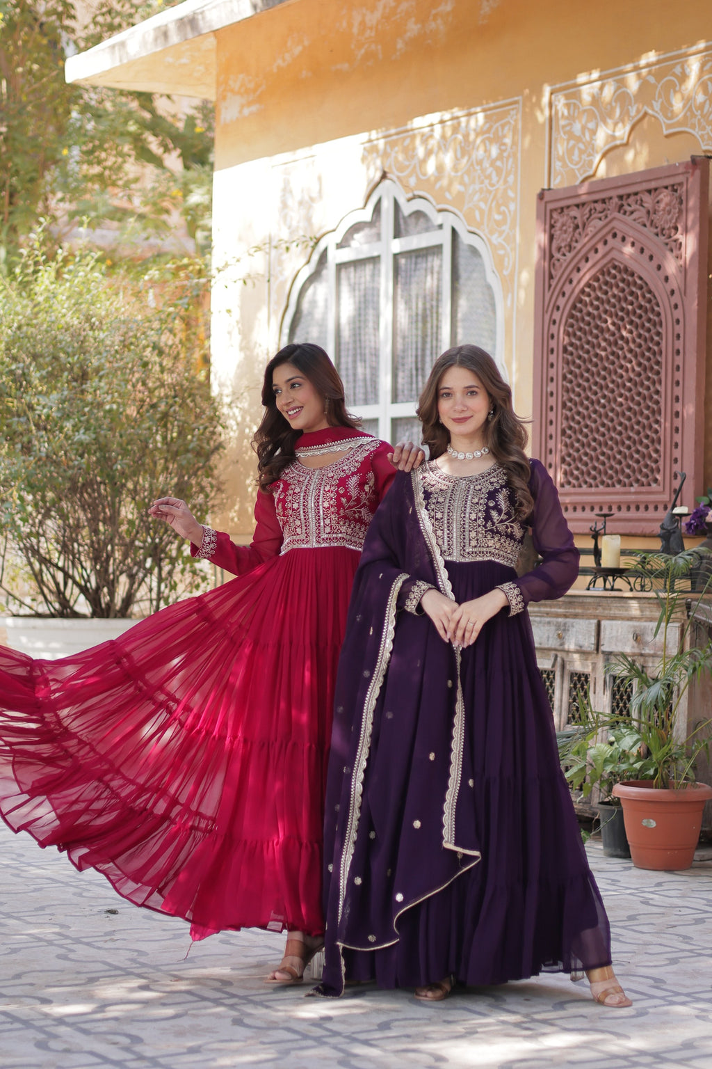 Jyoti Fashion Women's Pink & Wine Faux Georgette Embroidered Pearl Work Combo Anarkali Set with Dupatta | Grocsy