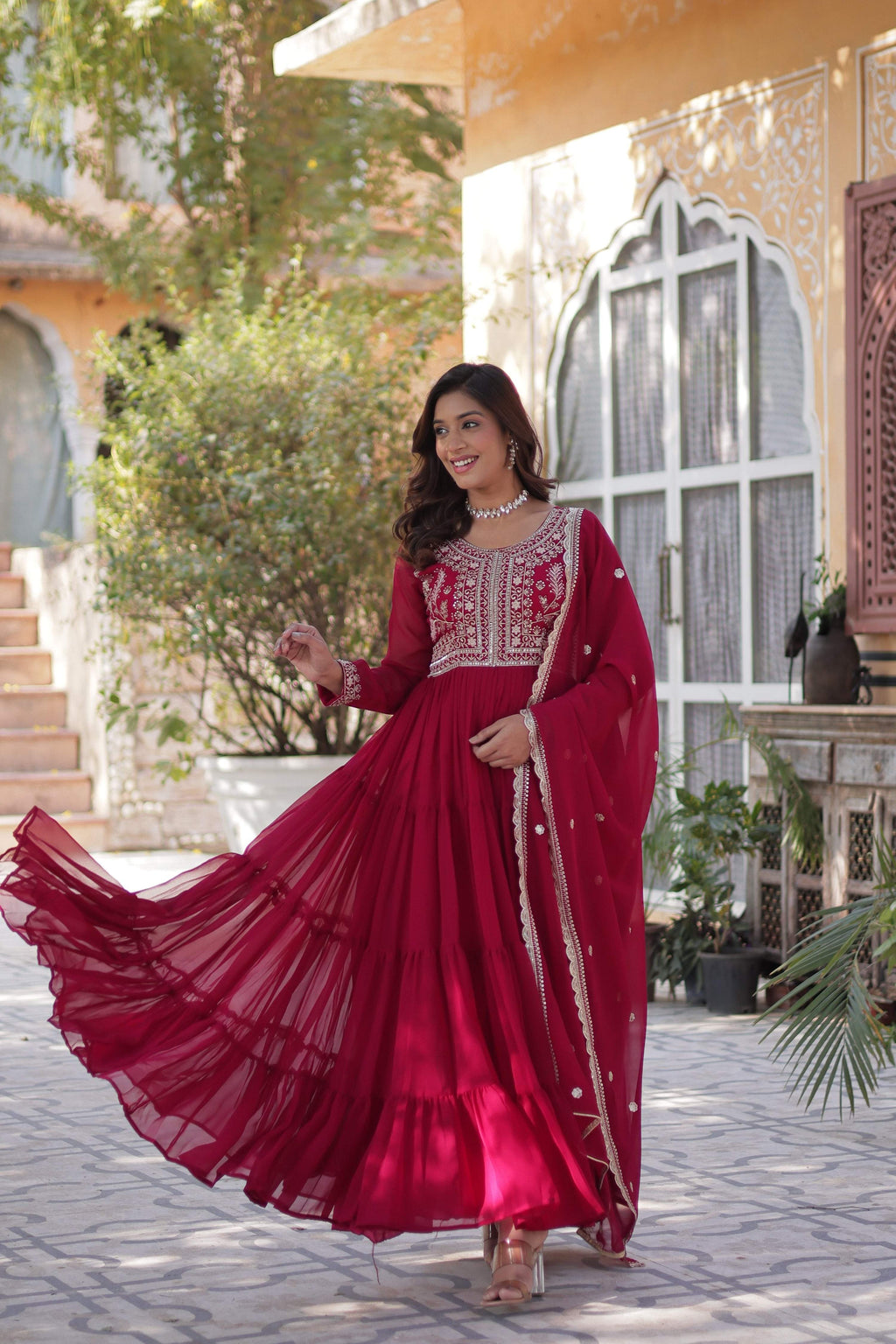 Jyoti Fashion Women's Pink Faux Georgette Embroidered Pearl Work Anarkali Set with Dupatta | Grocsy