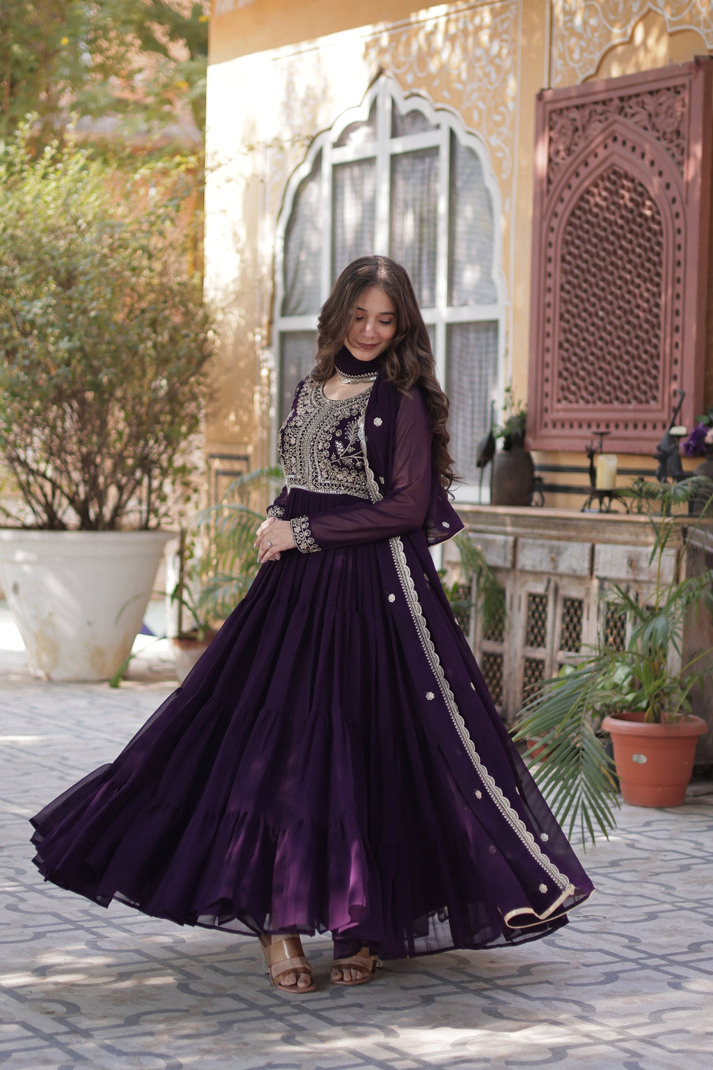 Jyoti Fashion Women's Wine Faux Georgette Embroidered Pearl Work Anarkali Set with Dupatta | Grocsy
