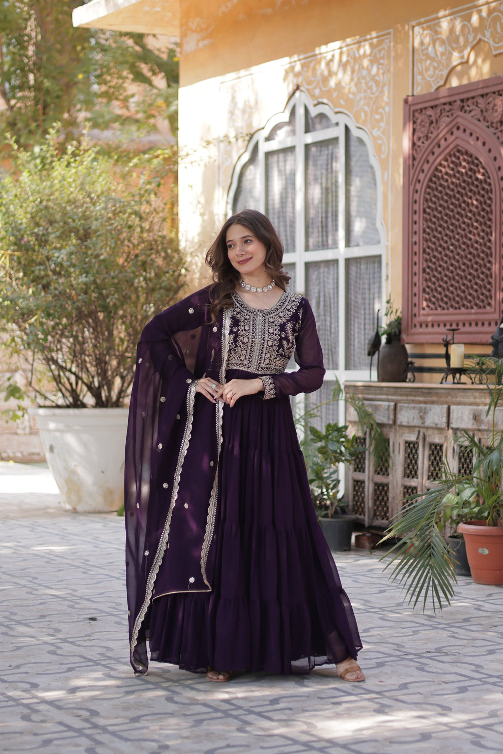 Jyoti Fashion Women's Wine Faux Georgette Embroidered Pearl Work Anarkali Set with Dupatta | Grocsy