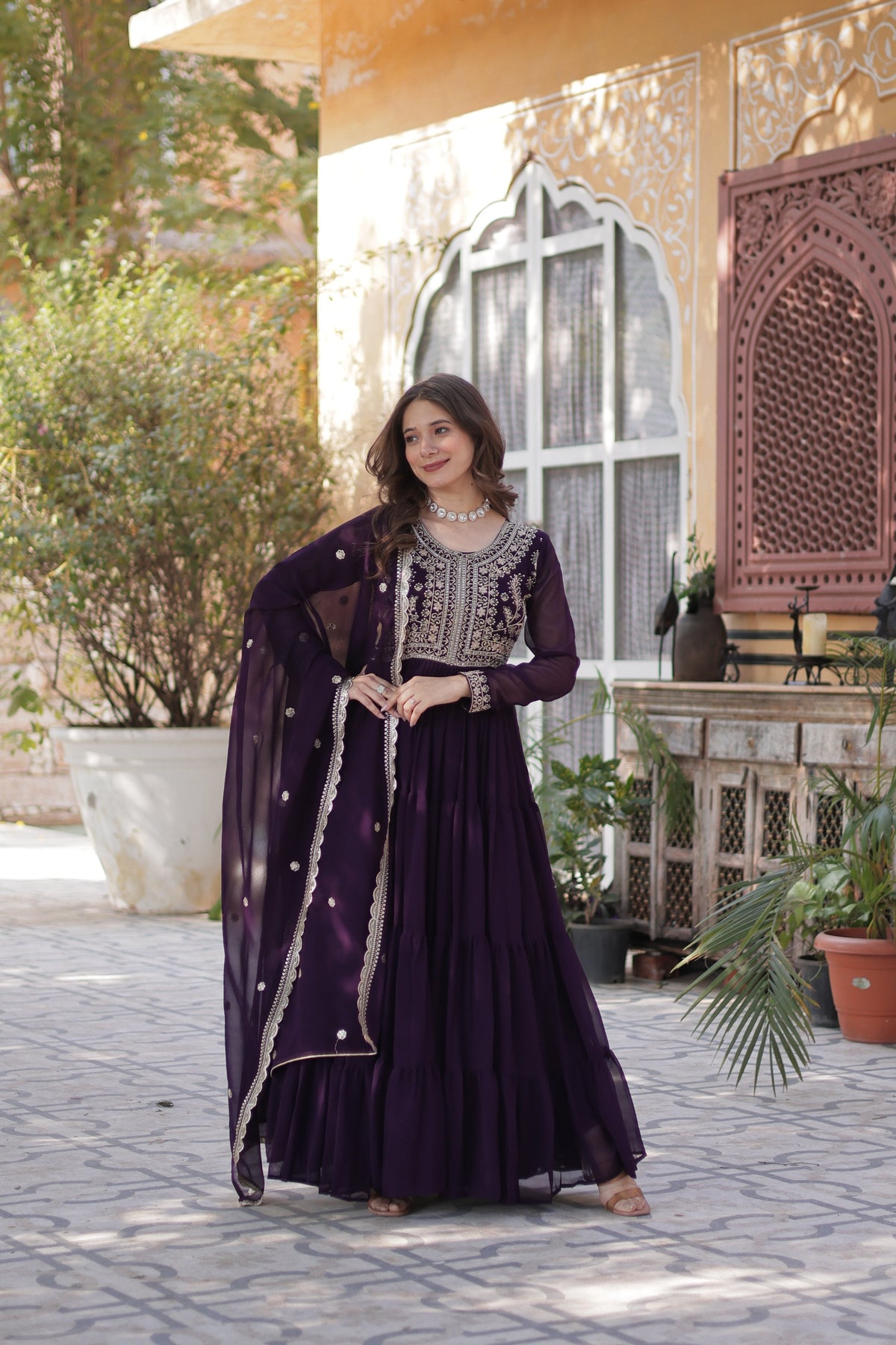 Jyoti Fashion Women's Wine Faux Georgette Embroidered Pearl Work Anarkali Set with Dupatta | Grocsy