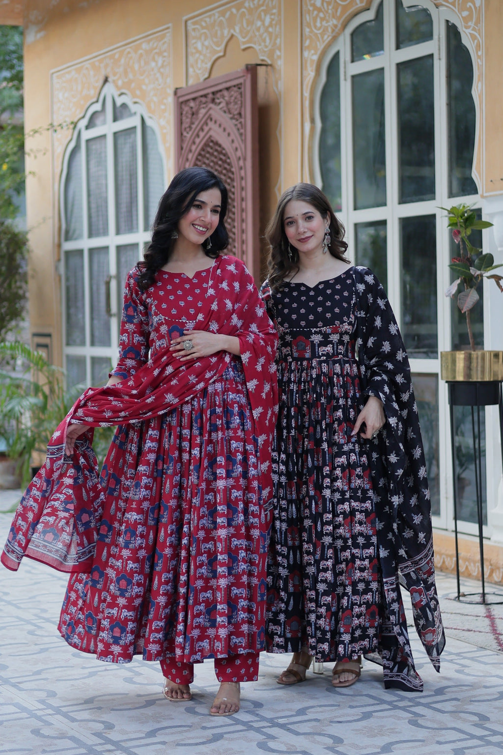Jyoti Fashion Women's Maroon & Black Cotton Printed Designer Combo Anarkali Set with Dupatta | Grocsy