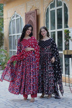 Jyoti Fashion Women's Maroon & Black Cotton Printed Designer Combo Anarkali Set with Dupatta | Grocsy