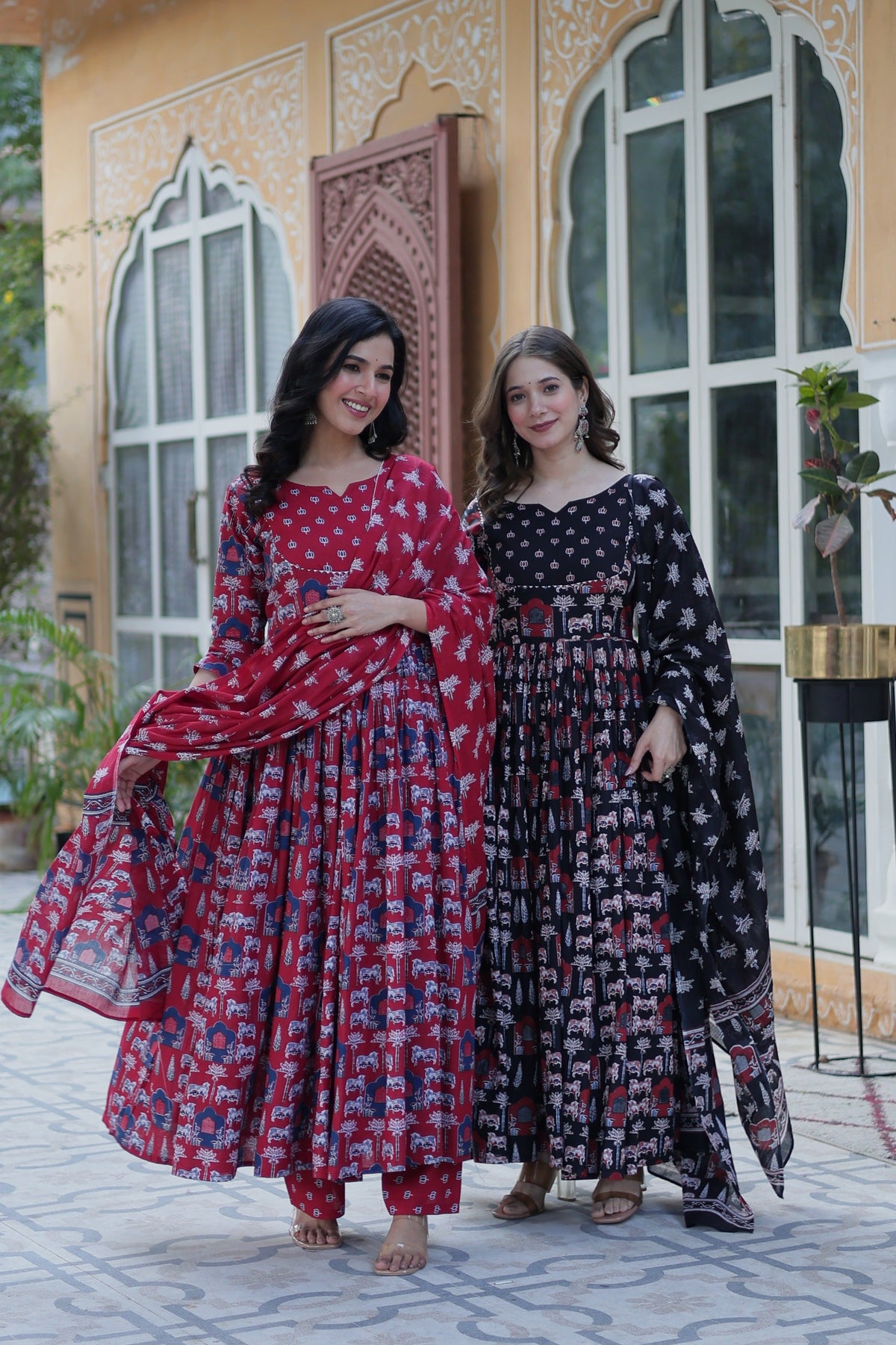 Jyoti Fashion Women's Maroon & Black Cotton Printed Designer Combo Anarkali Set with Dupatta | Grocsy
