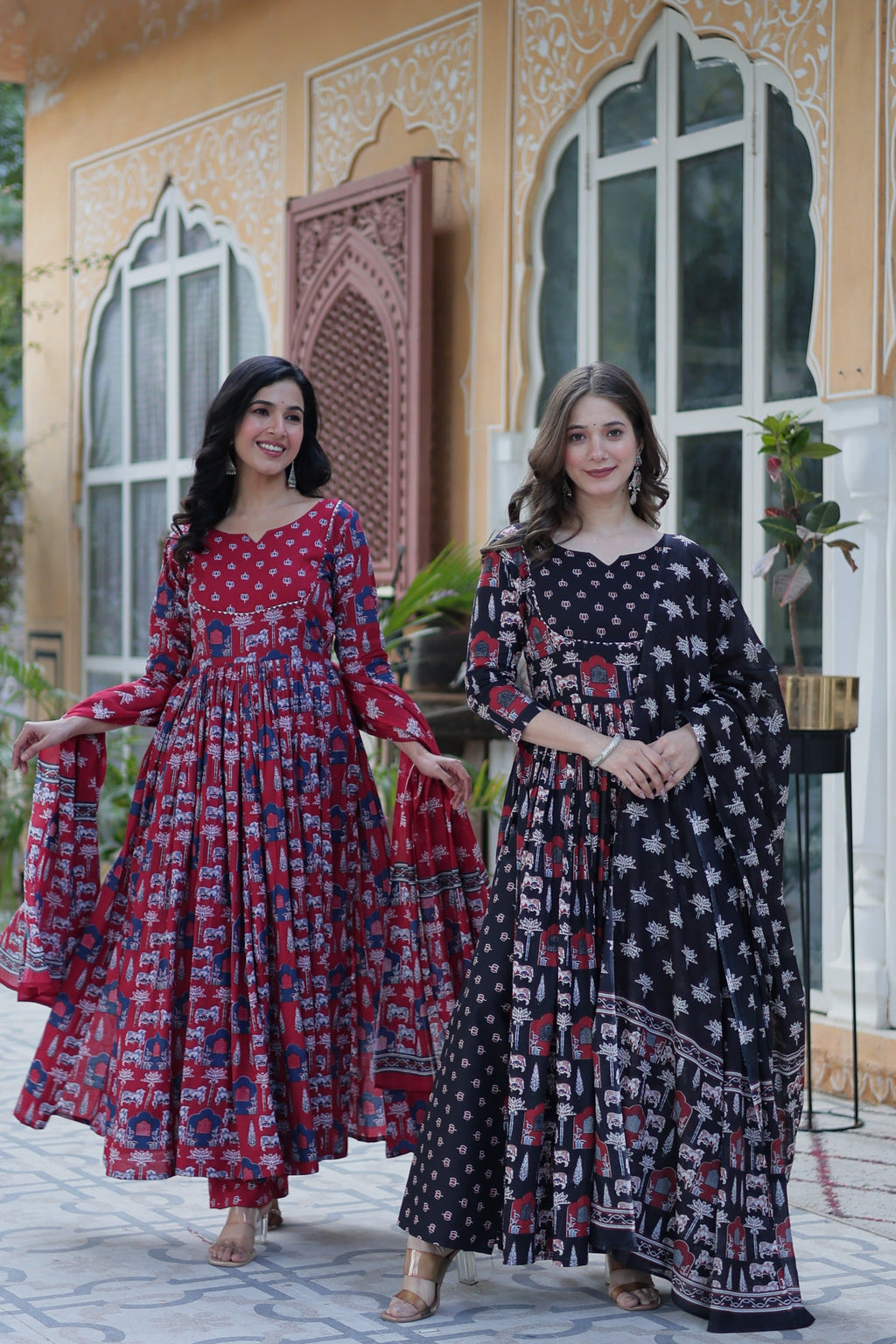 Jyoti Fashion Women's Maroon & Black Cotton Printed Designer Combo Anarkali Set with Dupatta | Grocsy
