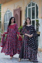 Jyoti Fashion Women's Maroon & Black Cotton Printed Designer Combo Anarkali Set with Dupatta | Grocsy