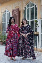 Jyoti Fashion Women's Maroon & Black Cotton Printed Designer Combo Anarkali Set with Dupatta | Grocsy