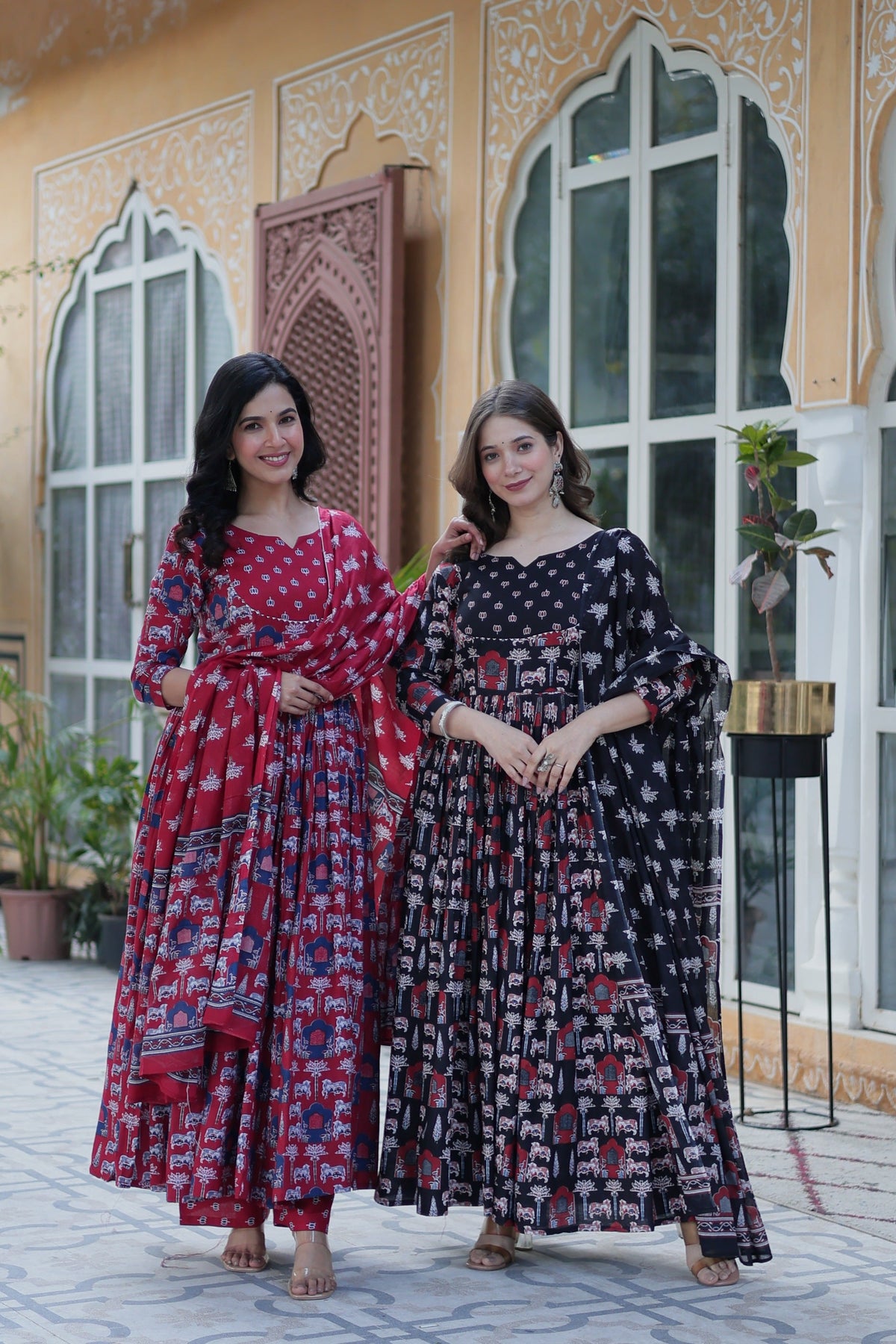 Jyoti Fashion Women's Maroon & Black Cotton Printed Designer Combo Anarkali Set with Dupatta | Grocsy
