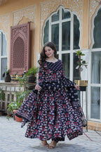 Jyoti Fashion Women's Black Cotton Printed Designer Anarkali Set with Dupatta | Grocsy
