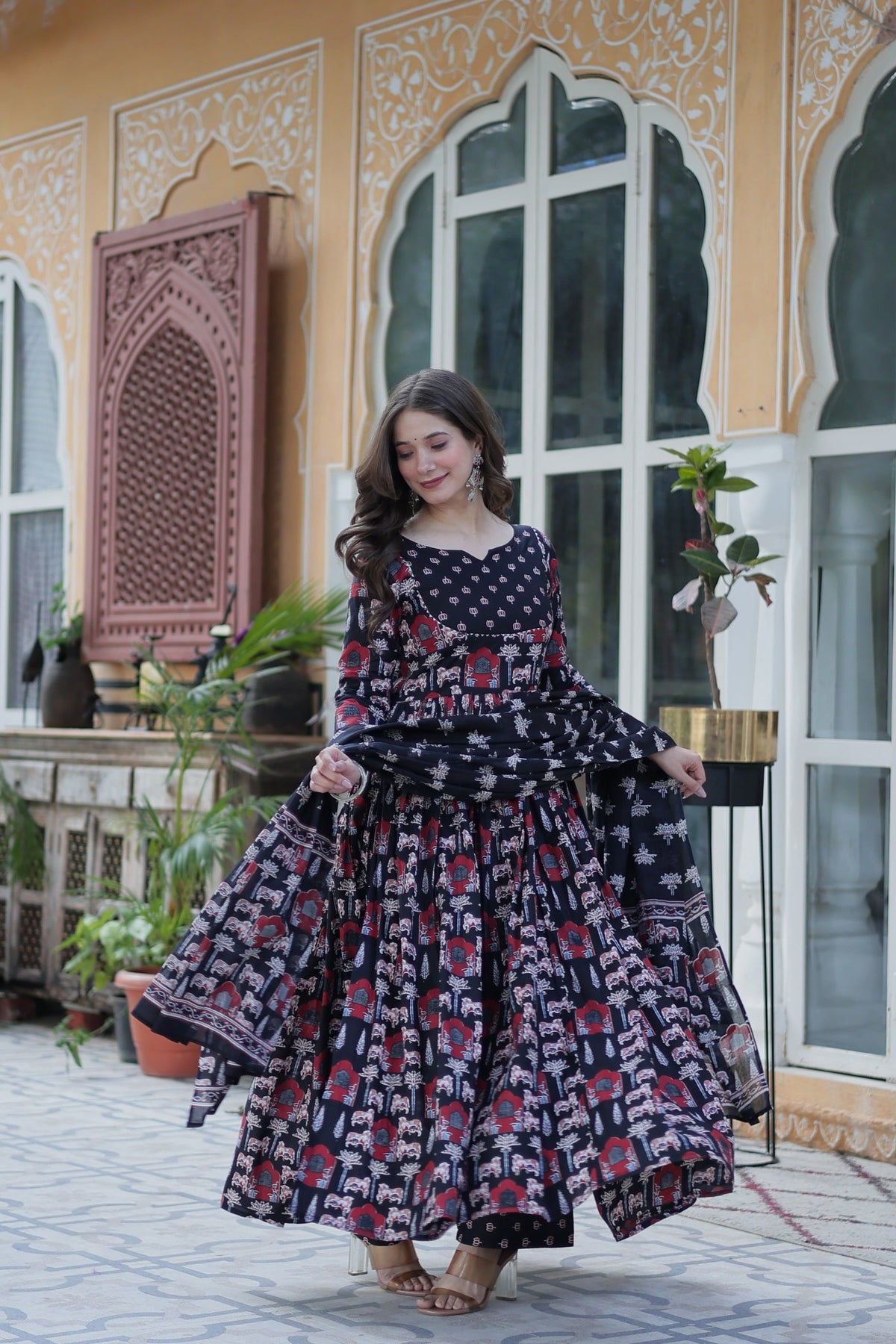 Jyoti Fashion Women's Black Cotton Printed Designer Anarkali Set with Dupatta | Grocsy