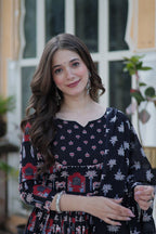 Jyoti Fashion Women's Black Cotton Printed Designer Anarkali Set with Dupatta | Grocsy
