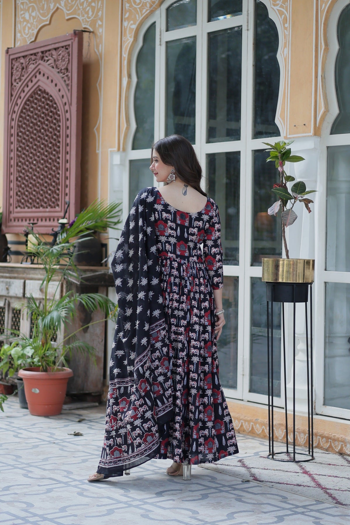 Jyoti Fashion Women's Black Cotton Printed Designer Anarkali Set with Dupatta | Grocsy