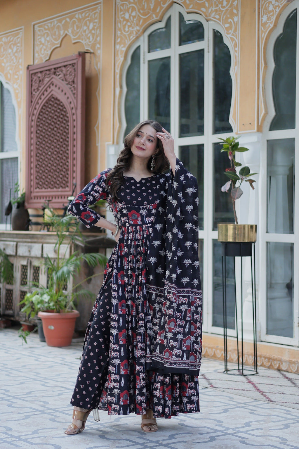 Jyoti Fashion Women's Black Cotton Printed Designer Anarkali Set with Dupatta | Grocsy