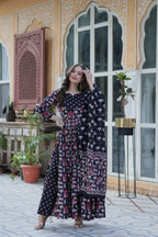 Jyoti Fashion Women's Black Cotton Printed Designer Anarkali Set with Dupatta | Grocsy