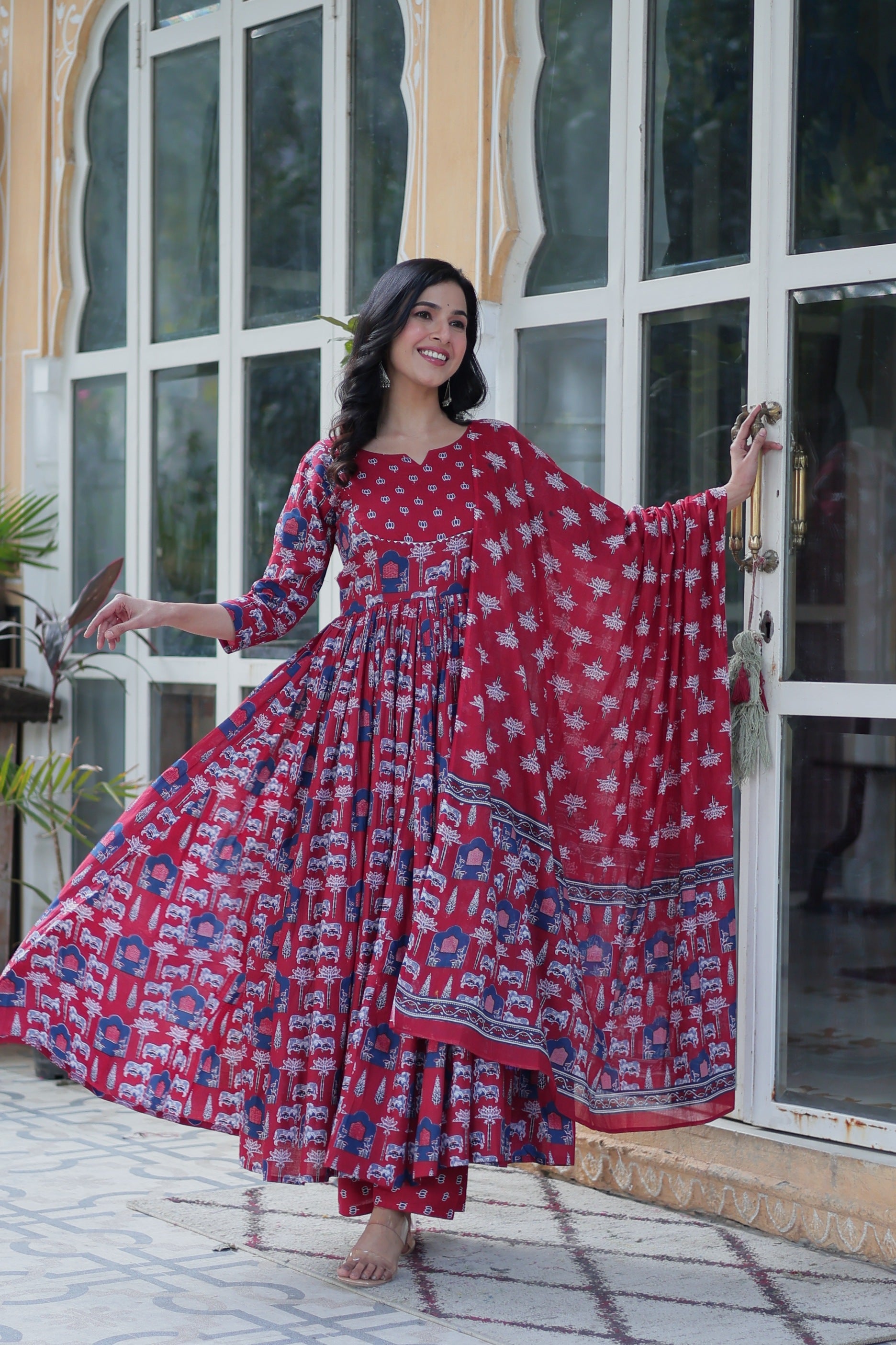 Jyoti Fashion Women's Maroon Cotton Printed Designer Anarkali Set with Dupatta | Grocsy