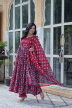 Jyoti Fashion Women's Maroon Cotton Printed Designer Anarkali Set with Dupatta | Grocsy