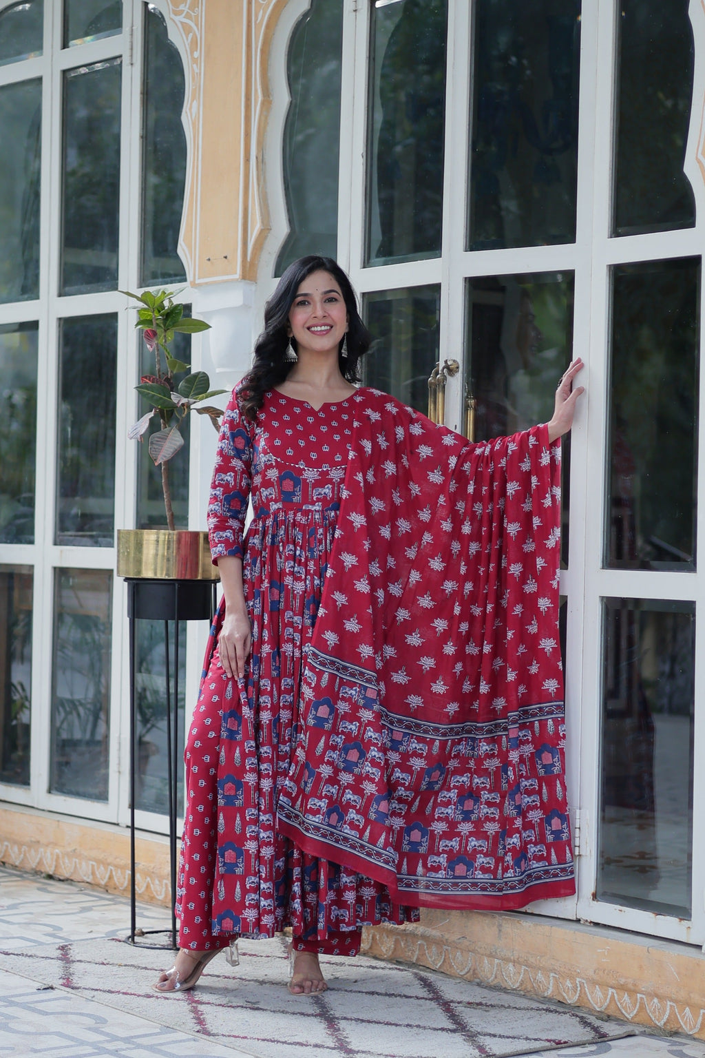 Jyoti Fashion Women's Maroon Cotton Printed Designer Anarkali Set with Dupatta | Grocsy