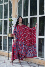 Jyoti Fashion Women's Maroon Cotton Printed Designer Anarkali Set with Dupatta | Grocsy