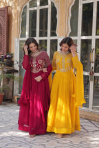 Jyoti Fashion Women's Pink & Yellow Faux Georgette Embroidered Designer Combo Anarkali Set with Dupatta | Grocsy