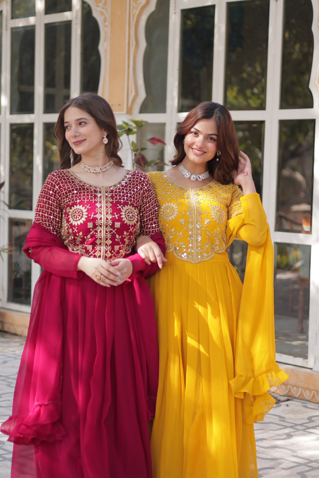 Jyoti Fashion Women's Pink & Yellow Faux Georgette Embroidered Designer Combo Anarkali Set with Dupatta | Grocsy