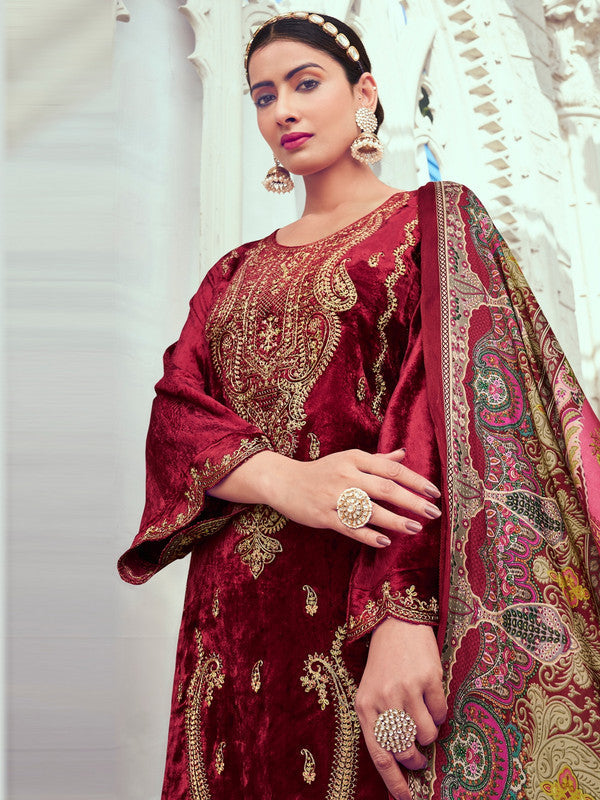 Jyoti Fashion Women's Maroon Velvet Cording with Digital Printed Kurta with Trouser & Dupatta | Grocsy