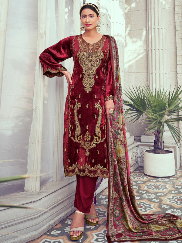 Jyoti Fashion Women's Maroon Velvet Cording with Digital Printed Kurta with Trouser & Dupatta | Grocsy