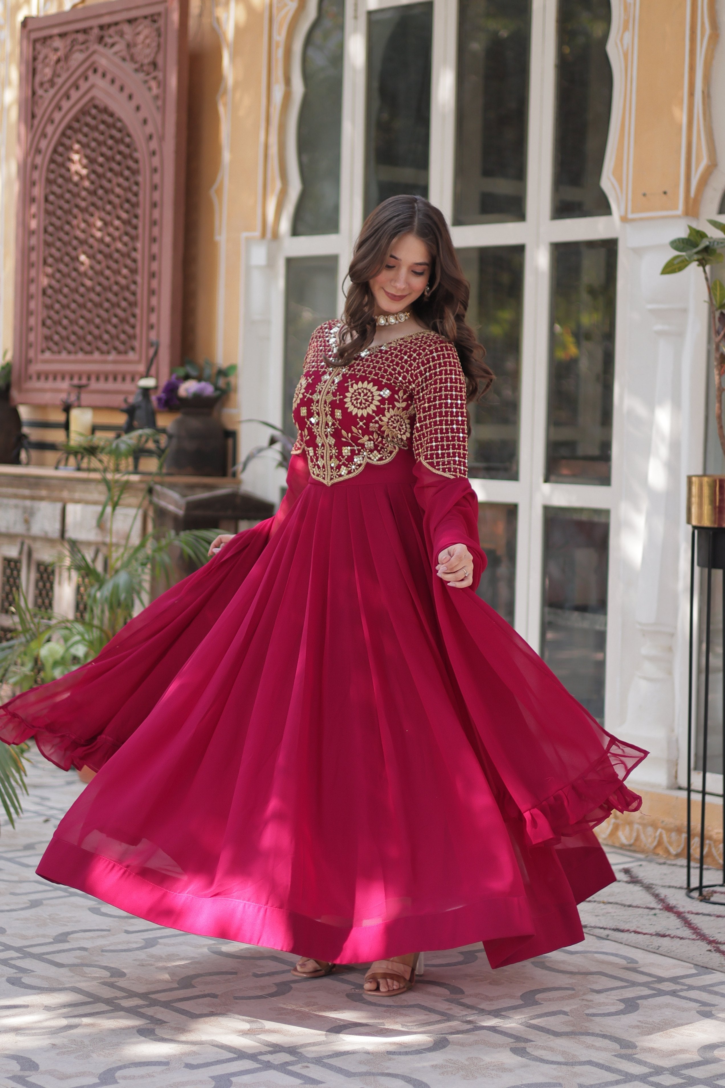 Jyoti Fashion Women's Pink Faux Georgette Embroidered Designer Anarkali Set with Dupatta | Grocsy