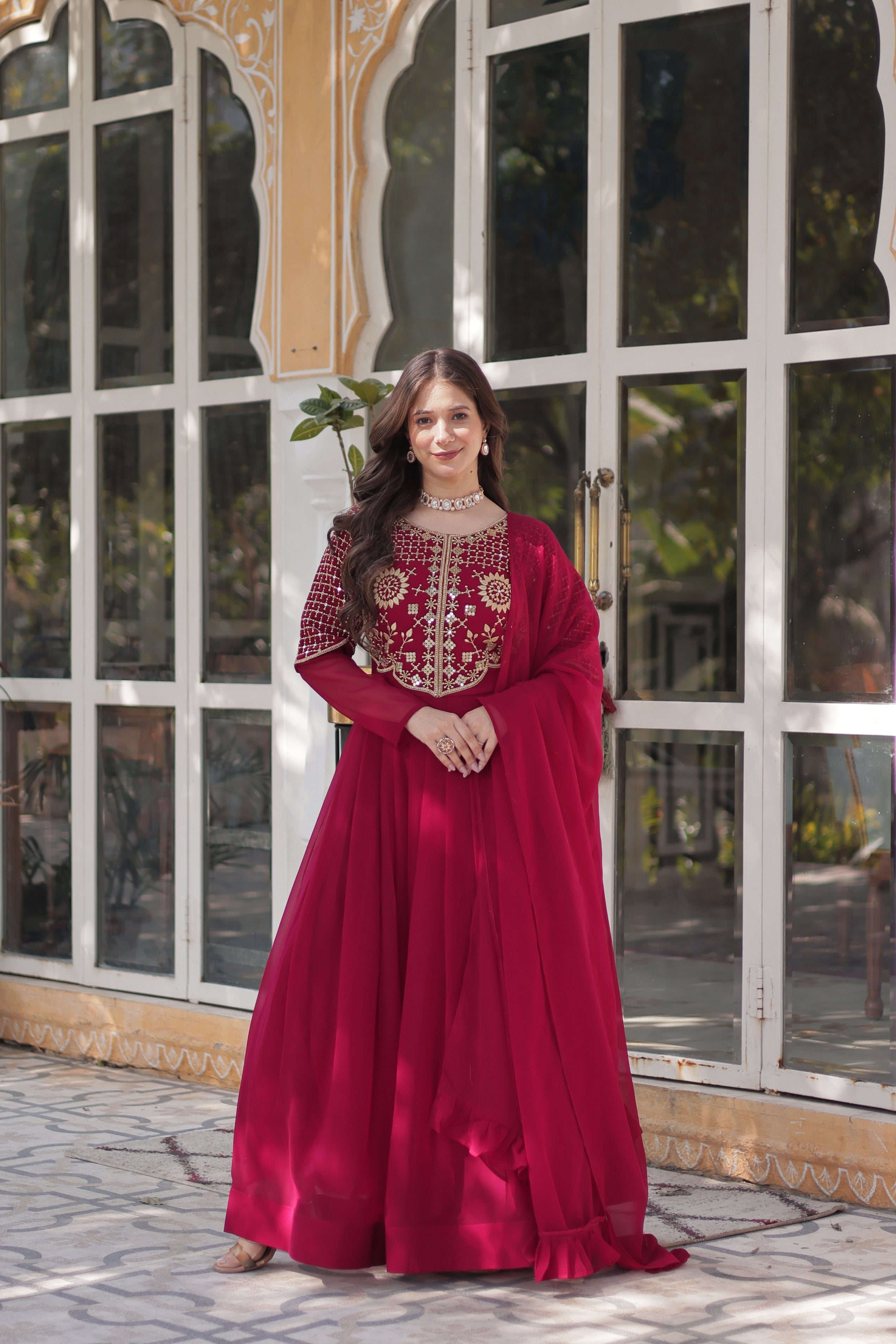 Jyoti Fashion Women's Pink Faux Georgette Embroidered Designer Anarkali Set with Dupatta | Grocsy