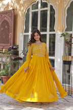 Jyoti Fashion Women's Yellow Faux Georgette Embroidered Designer Anarkali Set with Dupatta | Grocsy