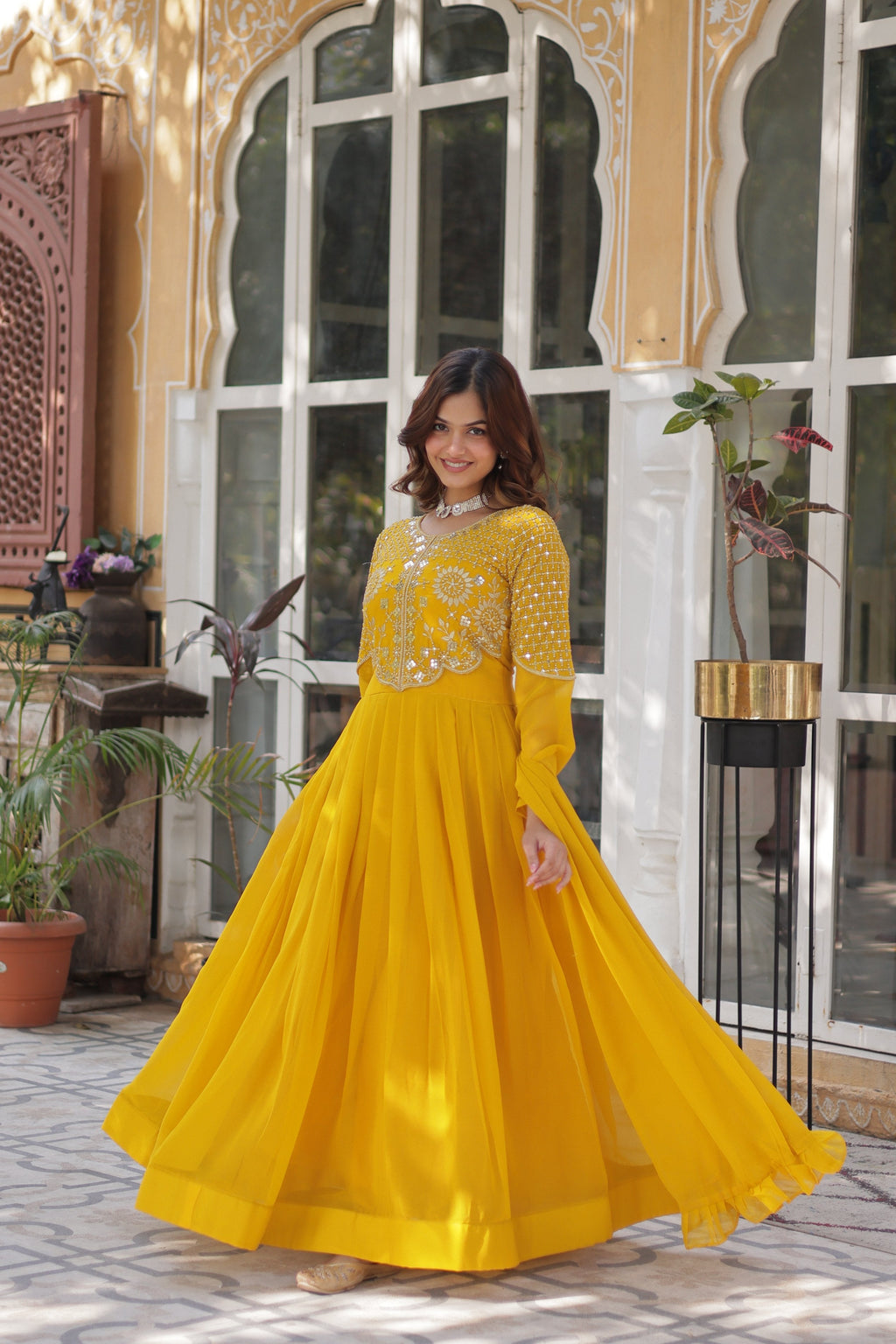 Jyoti Fashion Women's Yellow Faux Georgette Embroidered Designer Anarkali Set with Dupatta | Grocsy