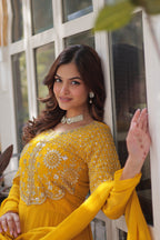 Jyoti Fashion Women's Yellow Faux Georgette Embroidered Designer Anarkali Set with Dupatta | Grocsy