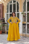 Jyoti Fashion Women's Yellow Faux Georgette Embroidered Designer Anarkali Set with Dupatta | Grocsy