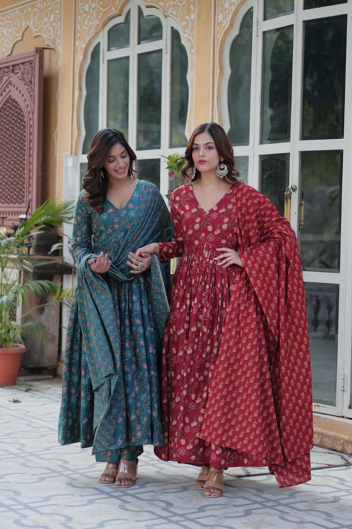Jyoti Fashion Women's Rama & Maroon Cotton Printed Designer Combo Anarkali Set with Dupatta | Grocsy