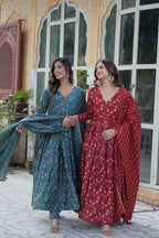 Jyoti Fashion Women's Rama & Maroon Cotton Printed Designer Combo Anarkali Set with Dupatta | Grocsy