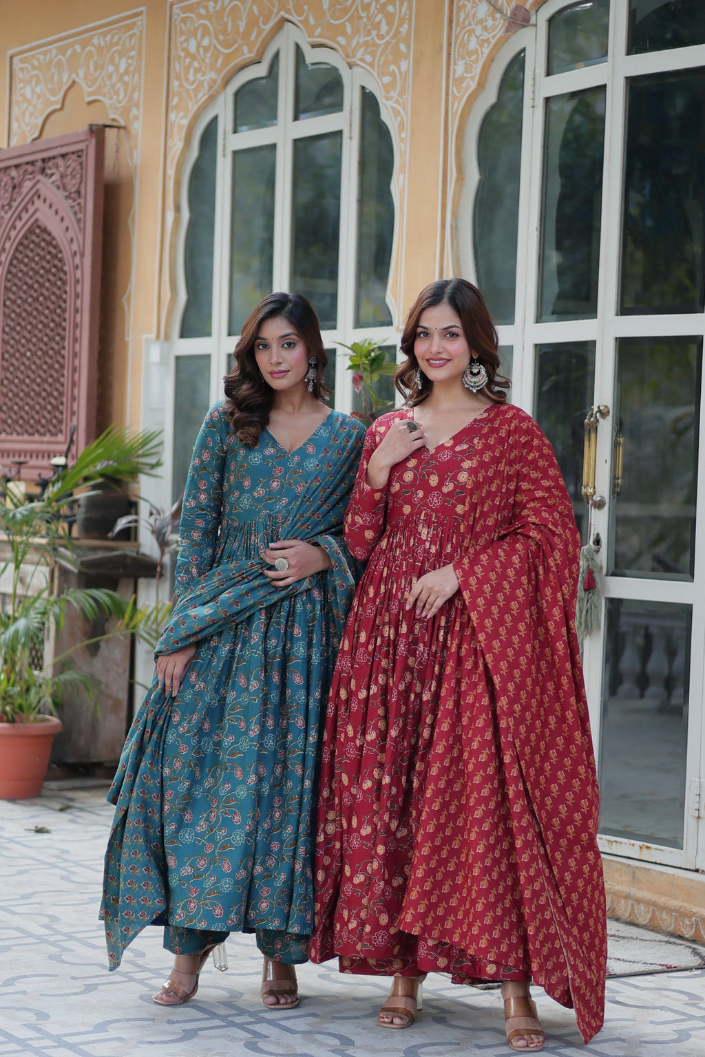Jyoti Fashion Women's Rama & Maroon Cotton Printed Designer Combo Anarkali Set with Dupatta | Grocsy