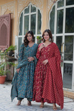 Jyoti Fashion Women's Rama & Maroon Cotton Printed Designer Combo Anarkali Set with Dupatta | Grocsy
