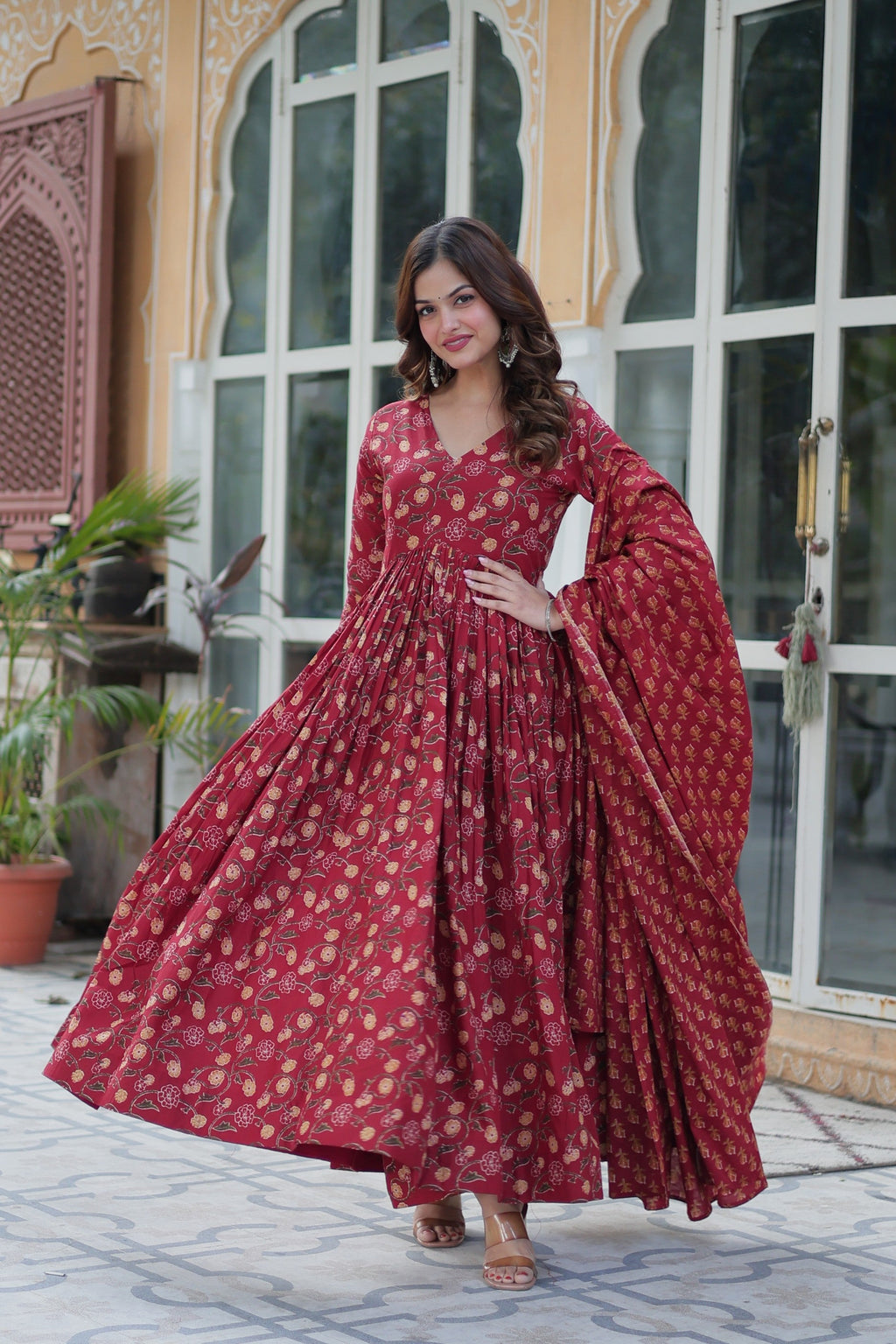 Jyoti Fashion Women's Maroon Cotton Printed Designer Anarkali Set with Dupatta | Grocsy