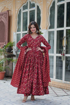 Jyoti Fashion Women's Maroon Cotton Printed Designer Anarkali Set with Dupatta | Grocsy