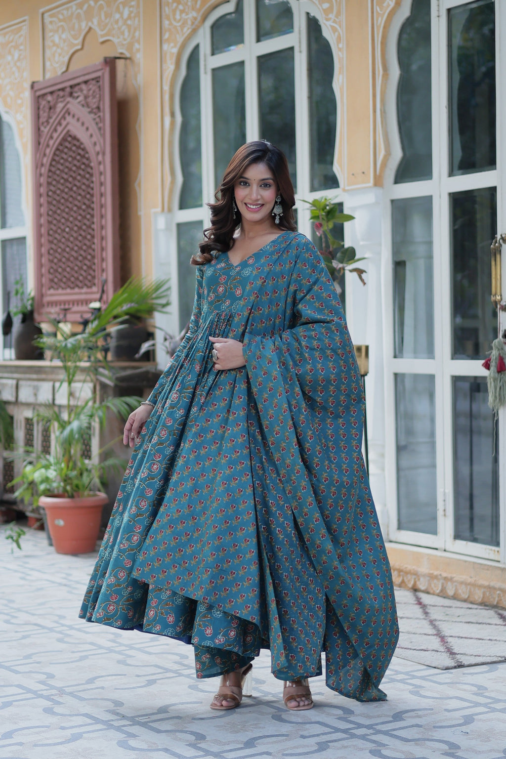 Jyoti Fashion Women's Rama Cotton Printed Designer Anarkali Set with Dupatta | Grocsy