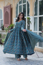 Jyoti Fashion Women's Rama Cotton Printed Designer Anarkali Set with Dupatta | Grocsy